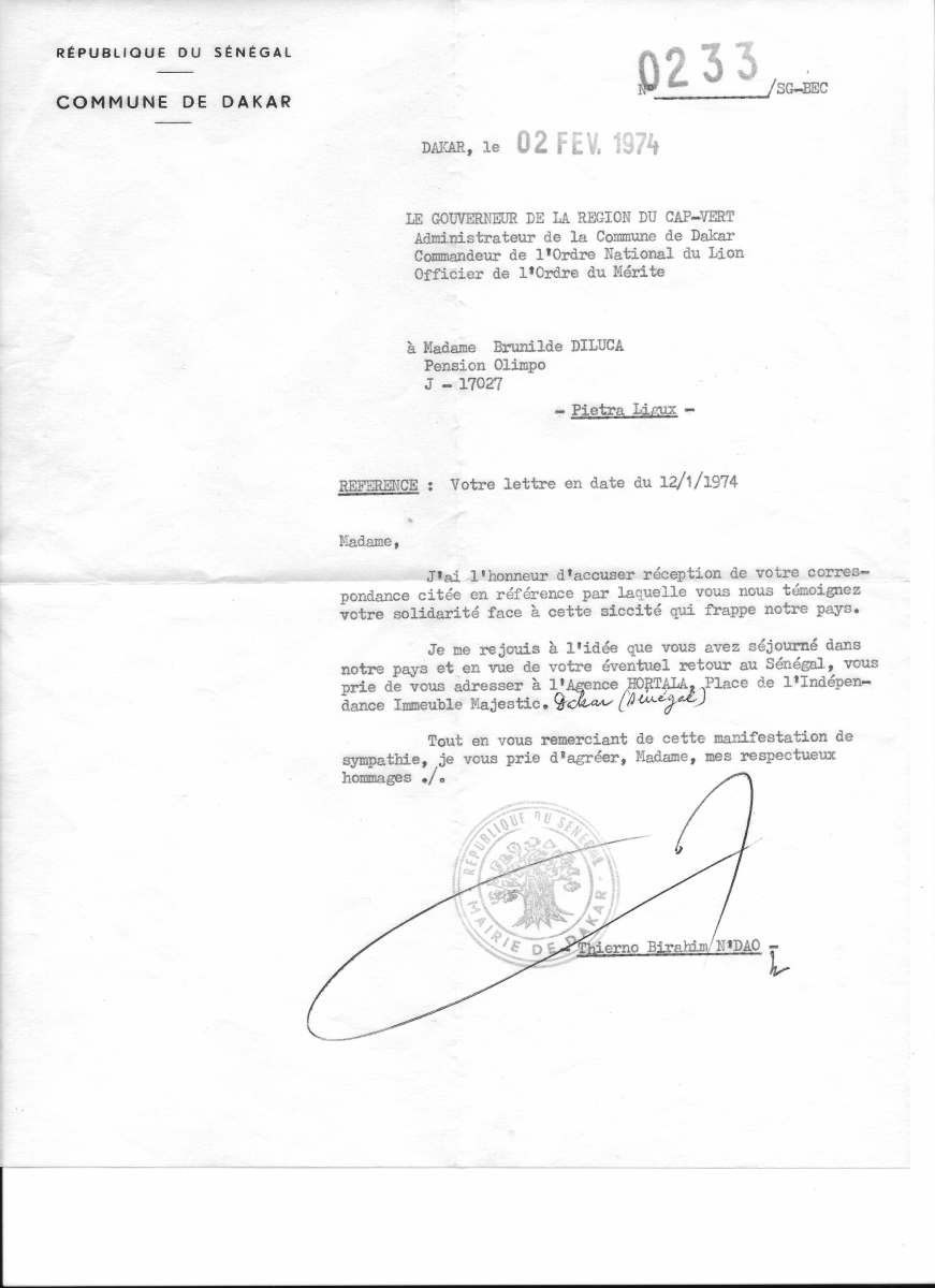 La lettera del sindaco di Dakar indirizzata a Brunilde.